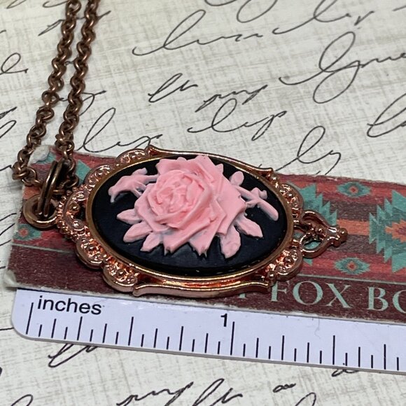 Gothic Steampunk Halloween Rose Gold Necklace Black Pink Rose Cameo Jewelry - Picture 9 of 11